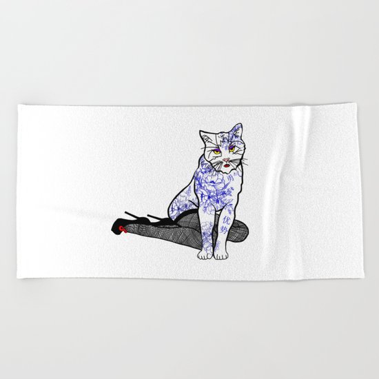 Porcelain Inked Cat Beach Towel