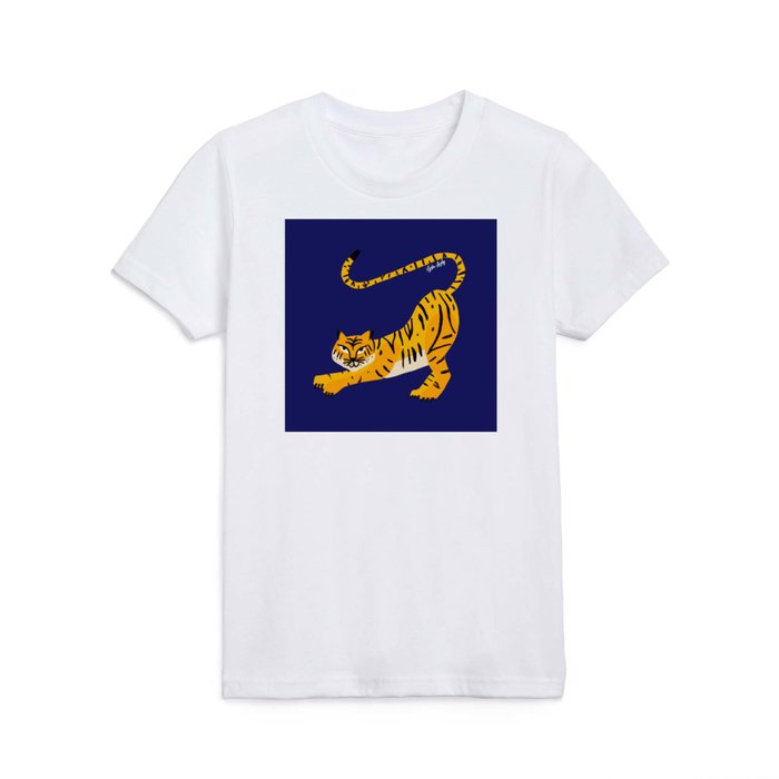 Crouching tiger yellow- dark blue background Kids T Shirt