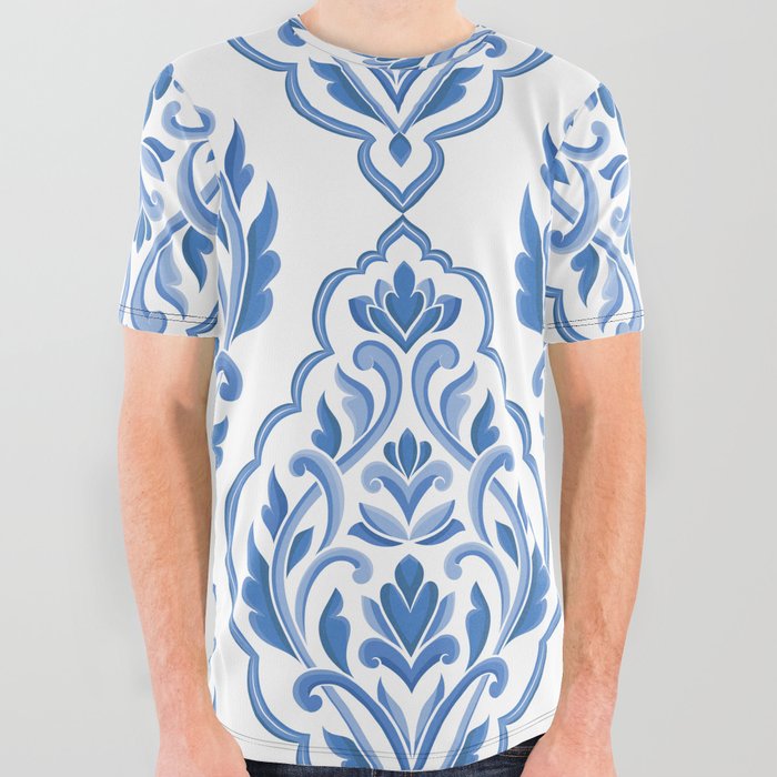 Blue and white damask vintage seamless pattern. Vintage, paisley elements. Traditional, Turkish motifs.  All Over Graphic Tee