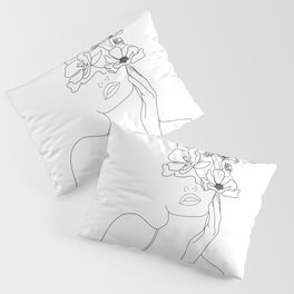 Minimal Line Art Woman with Flowers Pillow Sham
