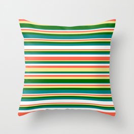 [ Thumbnail: Eyecatching Red, Tan, Dark Green, Teal, and White Colored Stripes/Lines Pattern Throw Pillow ]