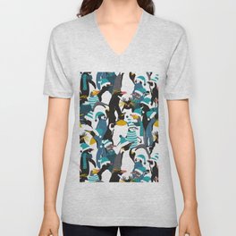 Merry penguins // black white grey dark teal yellow and coral type species of penguins teal dressed for winter and Christmas season (King, African, Emperor, Gentoo, Galápagos, Macaroni, Adèlie, Rockhopper, Yellow-eyed, Chinstrap) V Neck T Shirt