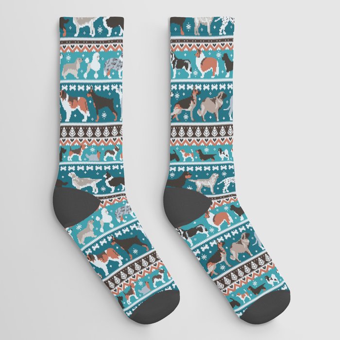 Fluffy and bright fair isle knitting doggie friends // teal background brown orange white and grey dog breeds  Socks