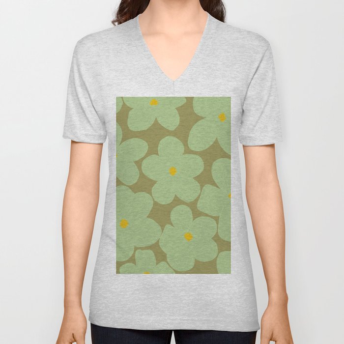 Sage Green Groovy Flowers  V Neck T Shirt