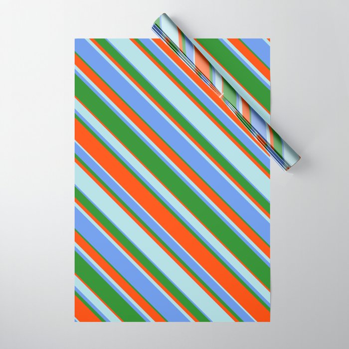 Cornflower Blue, Forest Green, Red, and Powder Blue Colored Lines Pattern Wrapping Paper