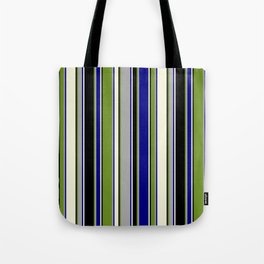 [ Thumbnail: Green, Dark Gray, Blue, Beige, and Black Colored Lined Pattern Tote Bag ]