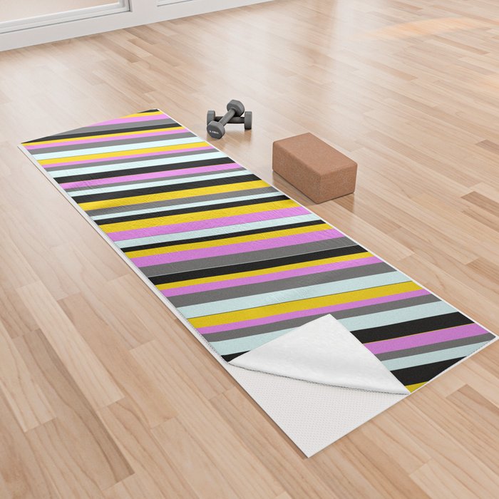 Eye-catching Violet, Dim Grey, Light Cyan, Black & Yellow Colored Lined Pattern Yoga Towel