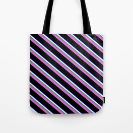 [ Thumbnail: Eyecatching Blue, Light Cyan, Gray, Orchid & Black Colored Lines Pattern Tote Bag ]