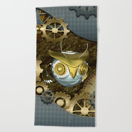 Steampunk, awesome owl Beach Towel