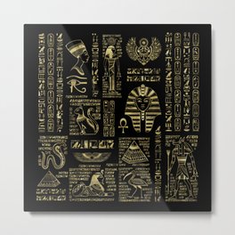 Egyptian hieroglyphs and deities gold on black Metal Print | Papirus, Anubis, Gold, Egyptian, Pharaon, Hieroglyphic, Deities, Leather, Ankh, Egypt 