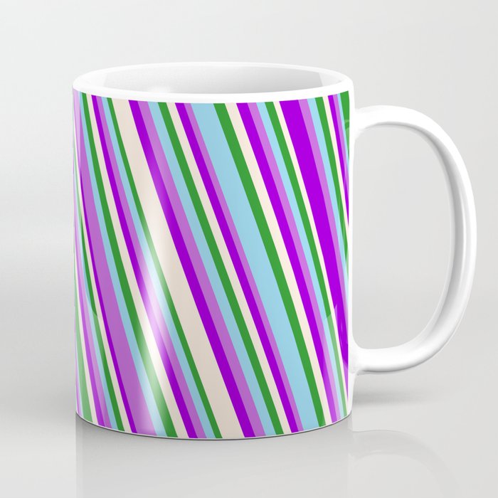 Eye-catching Forest Green, Sky Blue, Orchid, Dark Violet, and Beige Colored Striped/Lined Pattern Coffee Mug