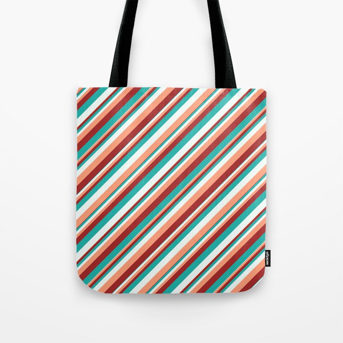 Light Sea Green, Mint Cream, Light Salmon, and Brown Colored Striped Pattern Tote Bag