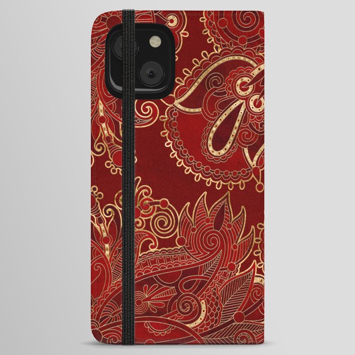 Paisley Floral  Ornament Ruby red and gold iPhone Wallet Case