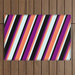 [ Thumbnail: Purple, Coral, Light Cyan & Black Colored Stripes Pattern Outdoor Rug ]