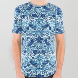 Art Nouveau Bird and Flower Tapestry, Blue and White All Over Graphic Tee