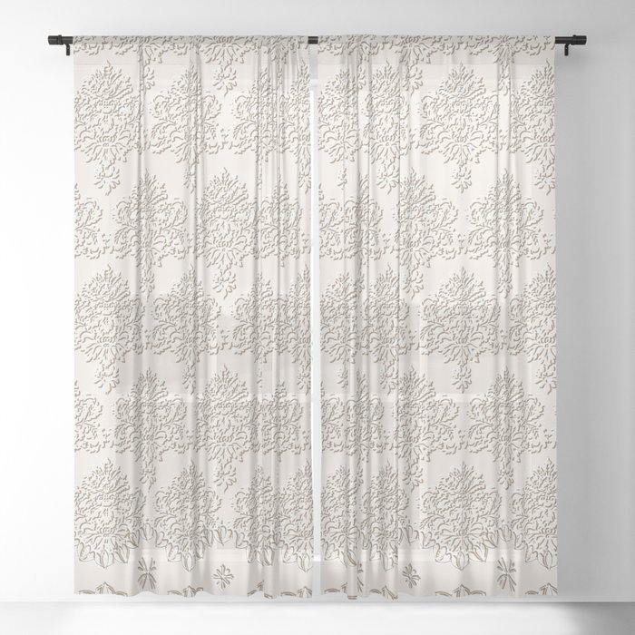 Damask Cafe Au Lait Chenille With Lacy Edge Sheer Curtain By