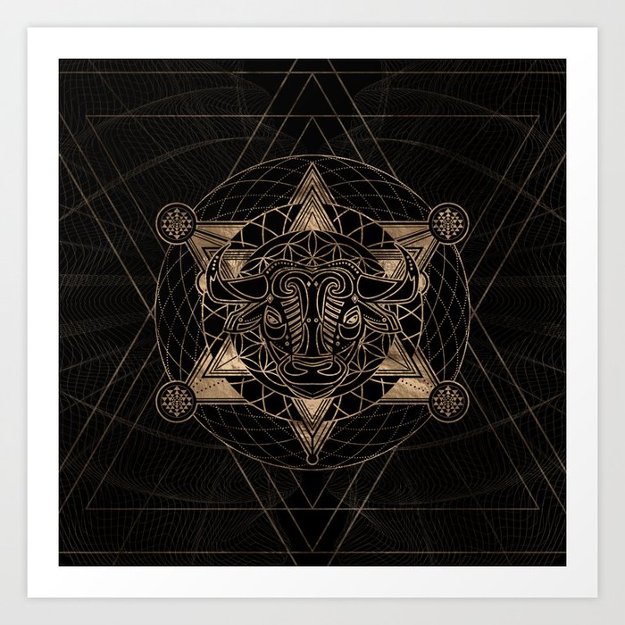 Bull in Sacred Geometry - Black and Gold Art Print