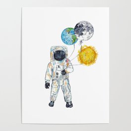 Astronaut Balloons Moon Sun Planet Earth Spaceship print space ship Kids room wall decor painting watercolour Poster