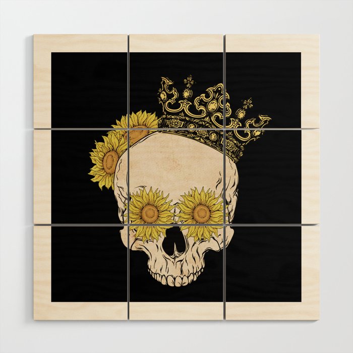 Skull with crown and sunflowers Wood Wall Art