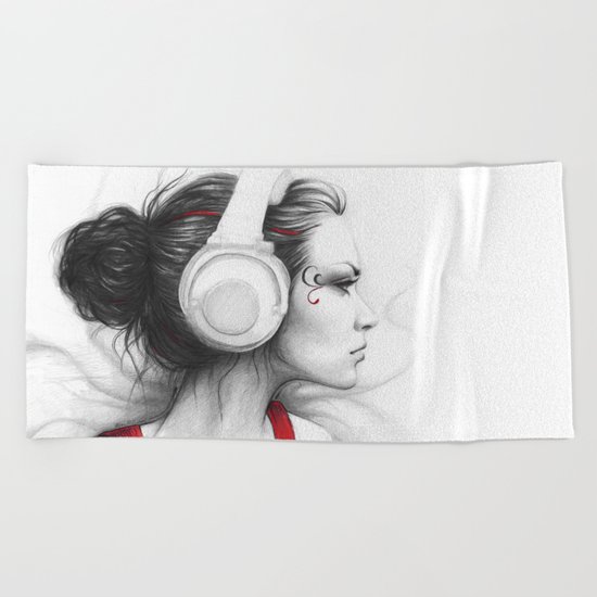 MUSIC Girl in Headphones Beach Towel