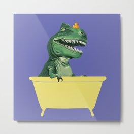 Playful T-Rex in Bathtub in Purple Metal Print