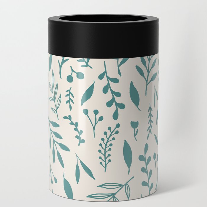 Teal Falling Leaves Pattern Can Cooler