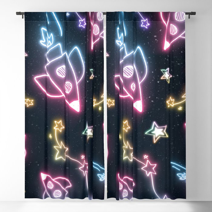 Neon Star and Spaceship Doodle Blackout Curtain