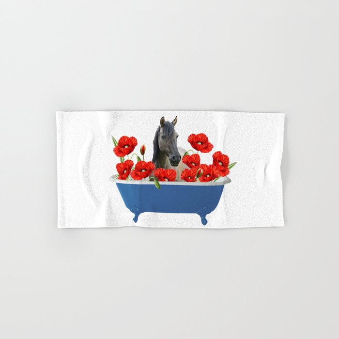 Grey Horse Poppies Blossom Flowers blue Bathtub Hand & Bath Towel