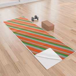 [ Thumbnail: Forest Green, Dark Grey & Red Colored Lines/Stripes Pattern Yoga Towel ]