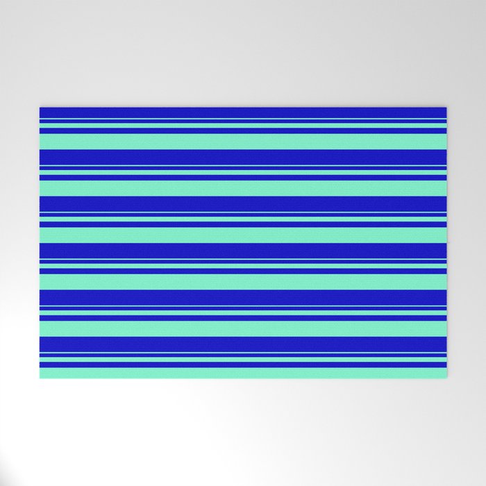 Aquamarine and Blue Colored Striped Pattern Welcome Mat