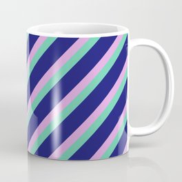 [ Thumbnail: Plum, Aquamarine & Midnight Blue Colored Lined/Striped Pattern Coffee Mug ]
