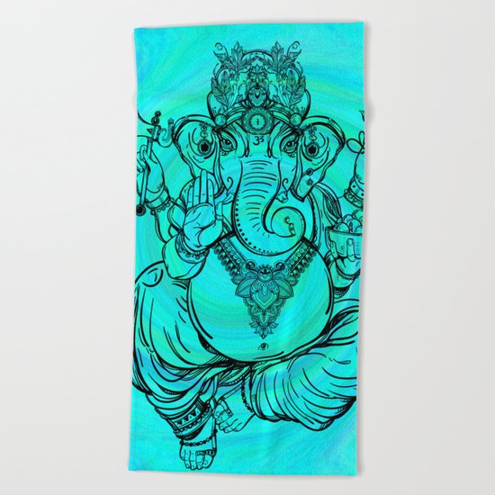 Lord Ganesha on Aqua Spiral Beach Towel