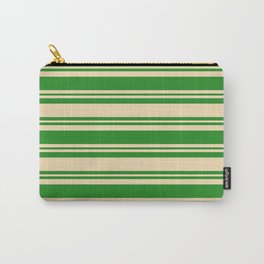 [ Thumbnail: Forest Green and Tan Colored Lined Pattern Carry-All Pouch ]