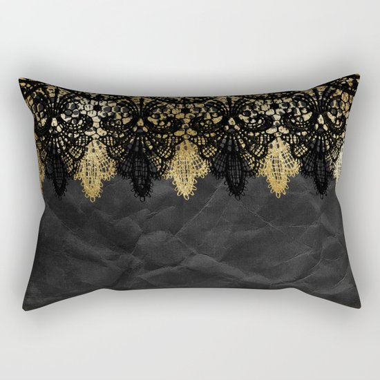 Simply elegance - Gold and black ornamental lace on black paper Rectangular Pillow