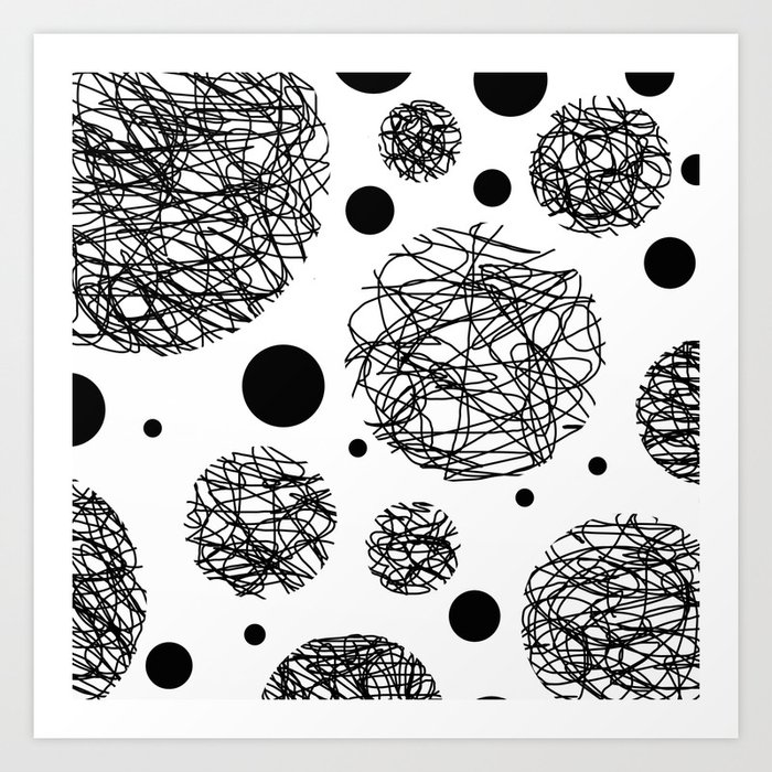 Scribbles - Black and white scribbles and black circles pattern on white Art Print