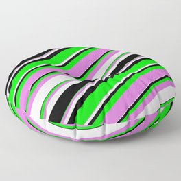 [ Thumbnail: Lime, Orchid, White & Black Colored Lined/Striped Pattern Floor Pillow ]