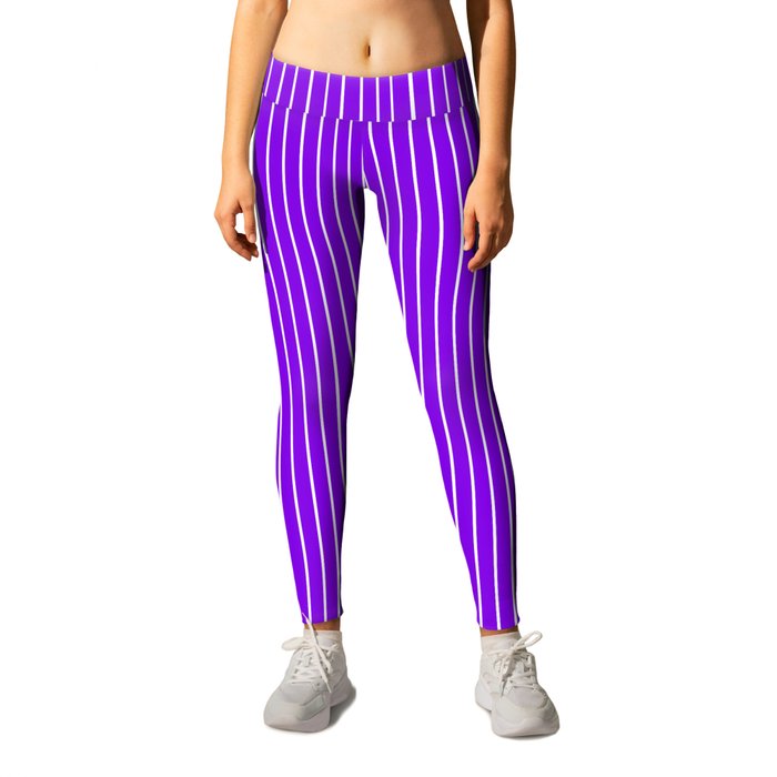 White Vertical Lines On A Purple Background, Line Pattern Leggings