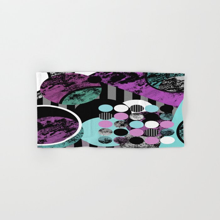 Bits N Pieces II - Abstract, geometric, textured, stripes, cyan, blue, pink, black, artwork Hand & Bath Towel