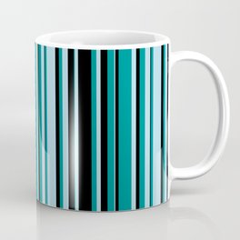[ Thumbnail: Light Blue, Dark Cyan & Black Colored Striped Pattern Coffee Mug ]