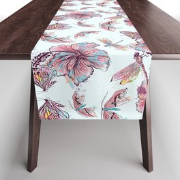 floral pattern, hibiscus flowers and dragonflies Table Runner