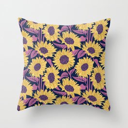 Sun-kissed sunflowers // oxford navy blue background yellow flowers peony pink leaves Throw Pillow