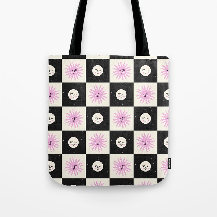 Sun & Moon Checkered Pattern Black & Cream Tote Bag