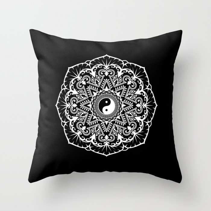 Taoist Mandala - White on Black Throw Pillow