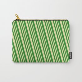 [ Thumbnail: Pale Goldenrod and Forest Green Colored Lined/Striped Pattern Carry-All Pouch ]