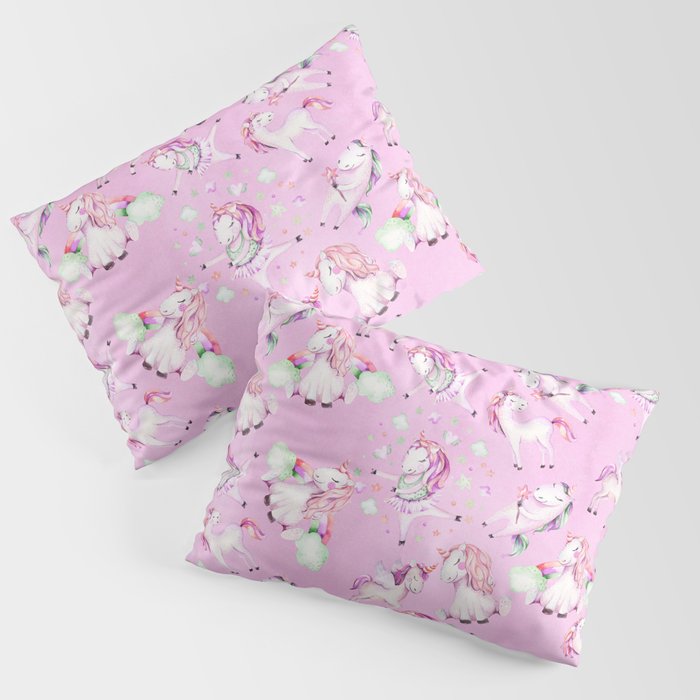 Cute Girly Pink Unicorn Rainbow Watercolor Pillow Sham