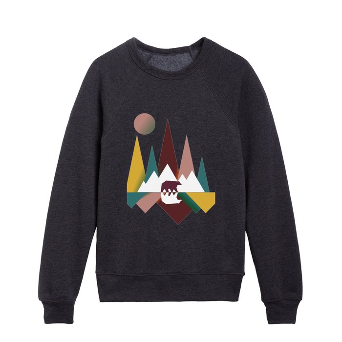 Colorful Vintage Bear In Whimsical Wild and mountains with moon Kids Crewneck