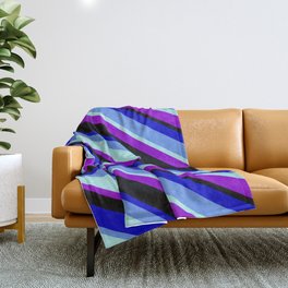 [ Thumbnail: Colorful Blue, Cornflower Blue, Turquoise, Dark Violet, and Black Colored Pattern of Stripes Throw Blanket ]