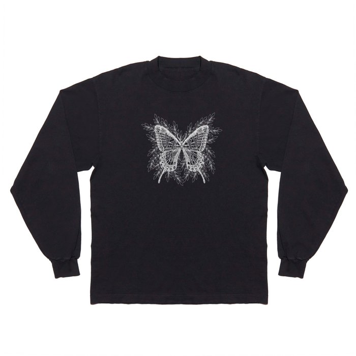 Black and White Butterfly Design Long Sleeve T Shirt