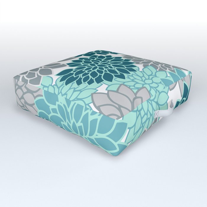 Dahlia Floral Blooms in Teal and Gray Outdoor Floor Cushion
