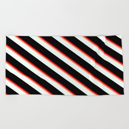 [ Thumbnail: Red, Light Salmon, Mint Cream, and Black Colored Pattern of Stripes Beach Towel ]